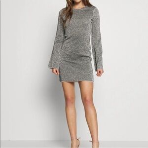 Good American Silver Sparkle Body Con Bell Sleeve Dress Size 1 (Small)